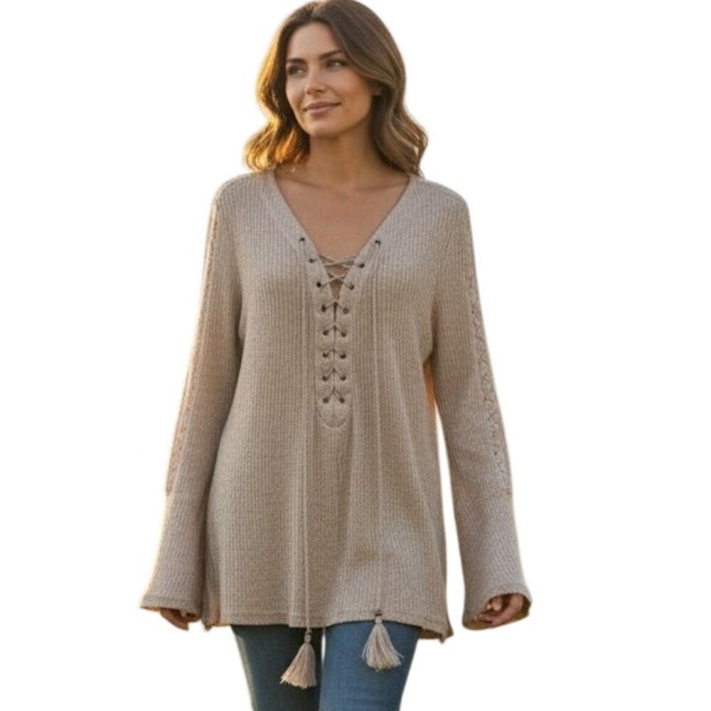Knox Rose Tasseled Laceup Top Womens Large Gray Ribbed Boho Peasant Bell Sleeves